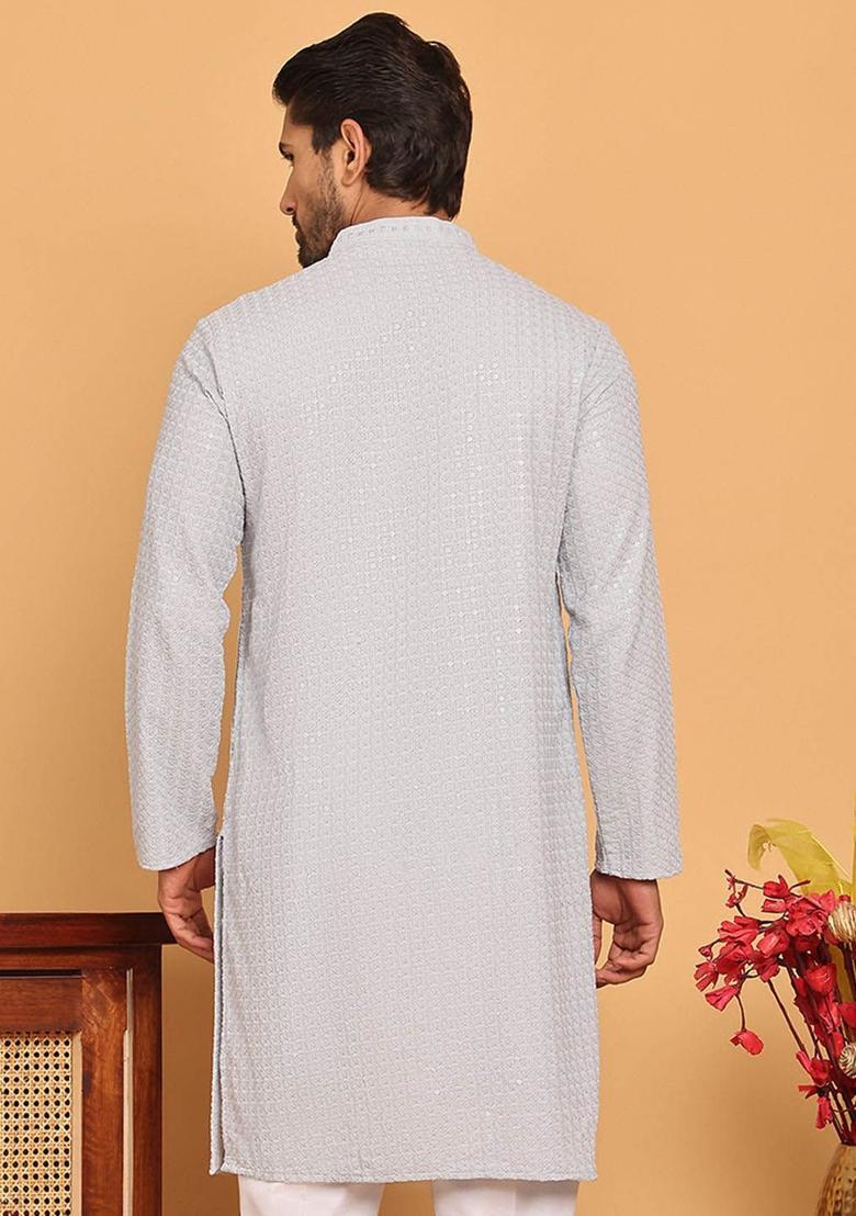 Grey Embroidered Viscose Kurta For Men - Indya