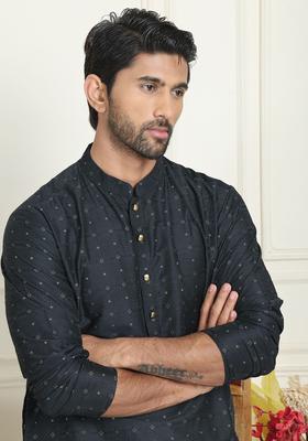 Black Woven Design Silk Kurta For Men
