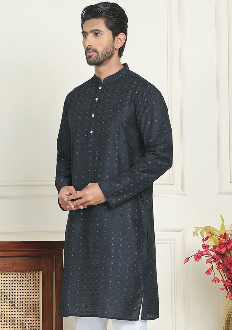 Black Woven Design Silk Kurta For Men - Indya