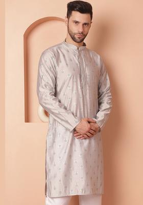 Grey Printed Viscose Kurta For Men