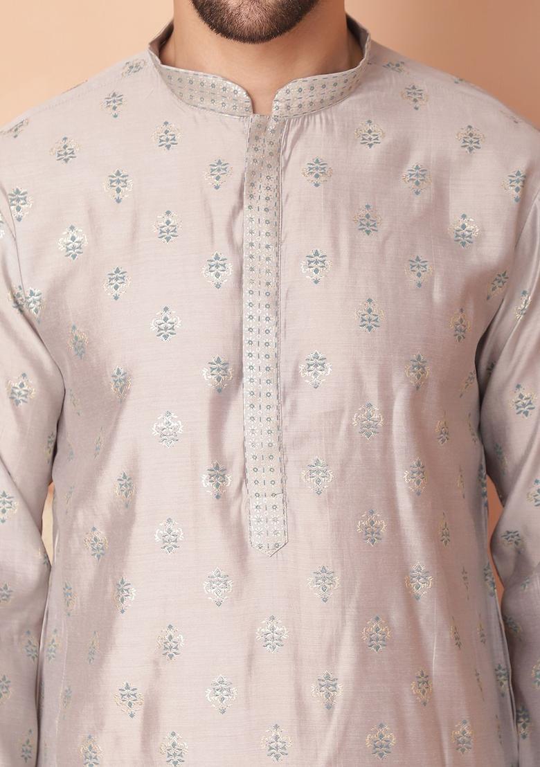 Grey Printed Viscose Kurta For Men - Indya
