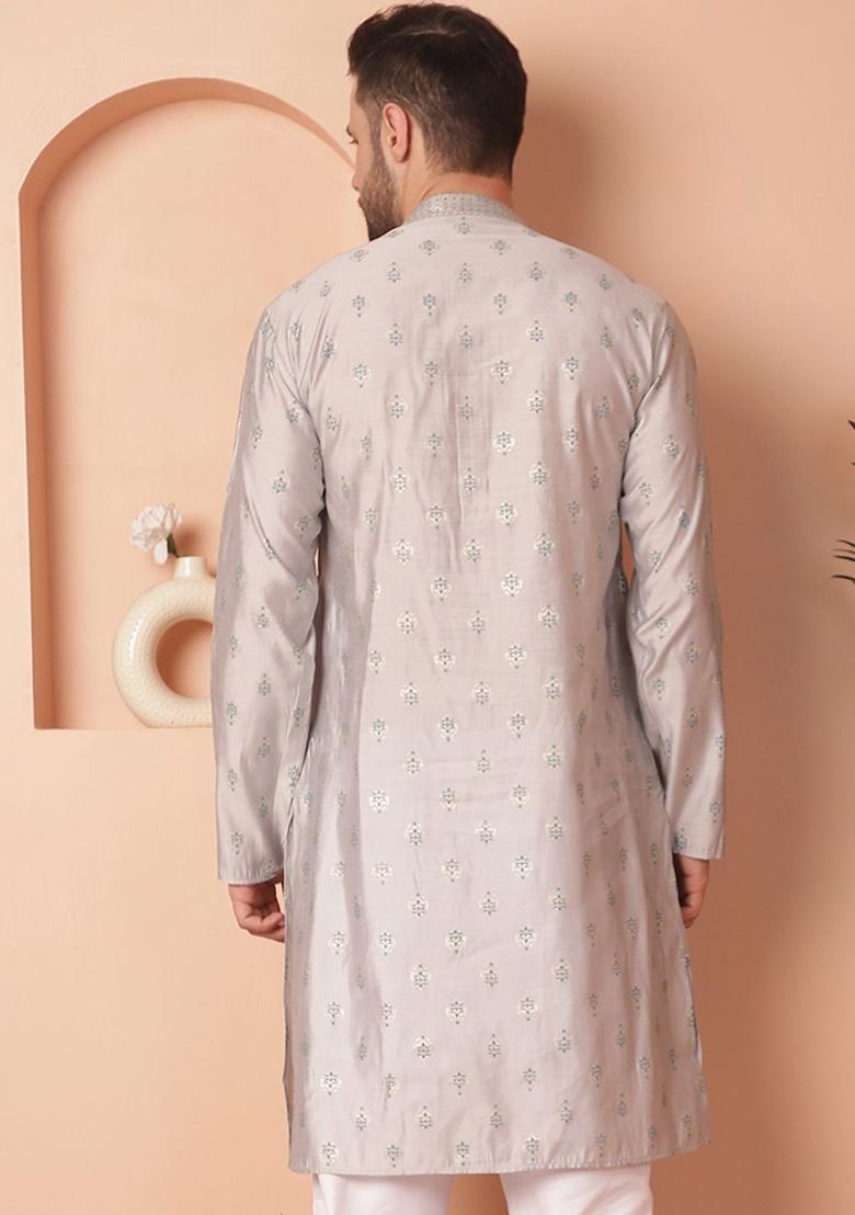 Grey Printed Viscose Kurta For Men - Indya