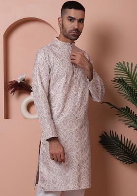 White Woven Design Silk Kurta For Men