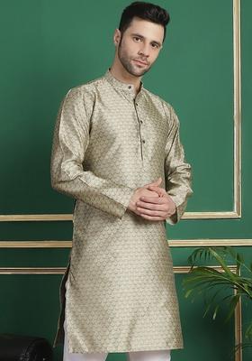 Grey Woven Design Silk Kurta For Men