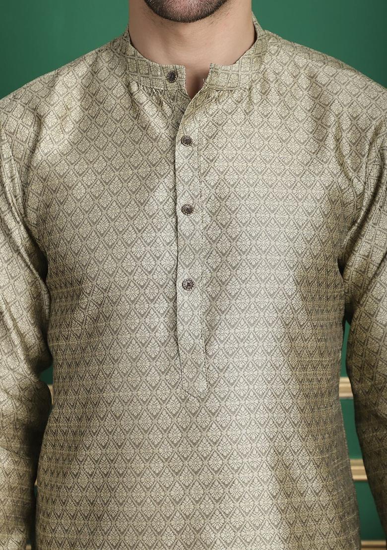 Grey Woven Design Silk Kurta For Men - Indya