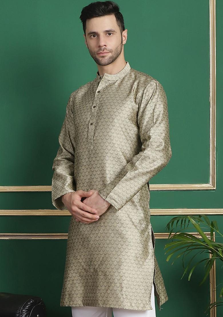 Grey Woven Design Silk Kurta For Men - Indya