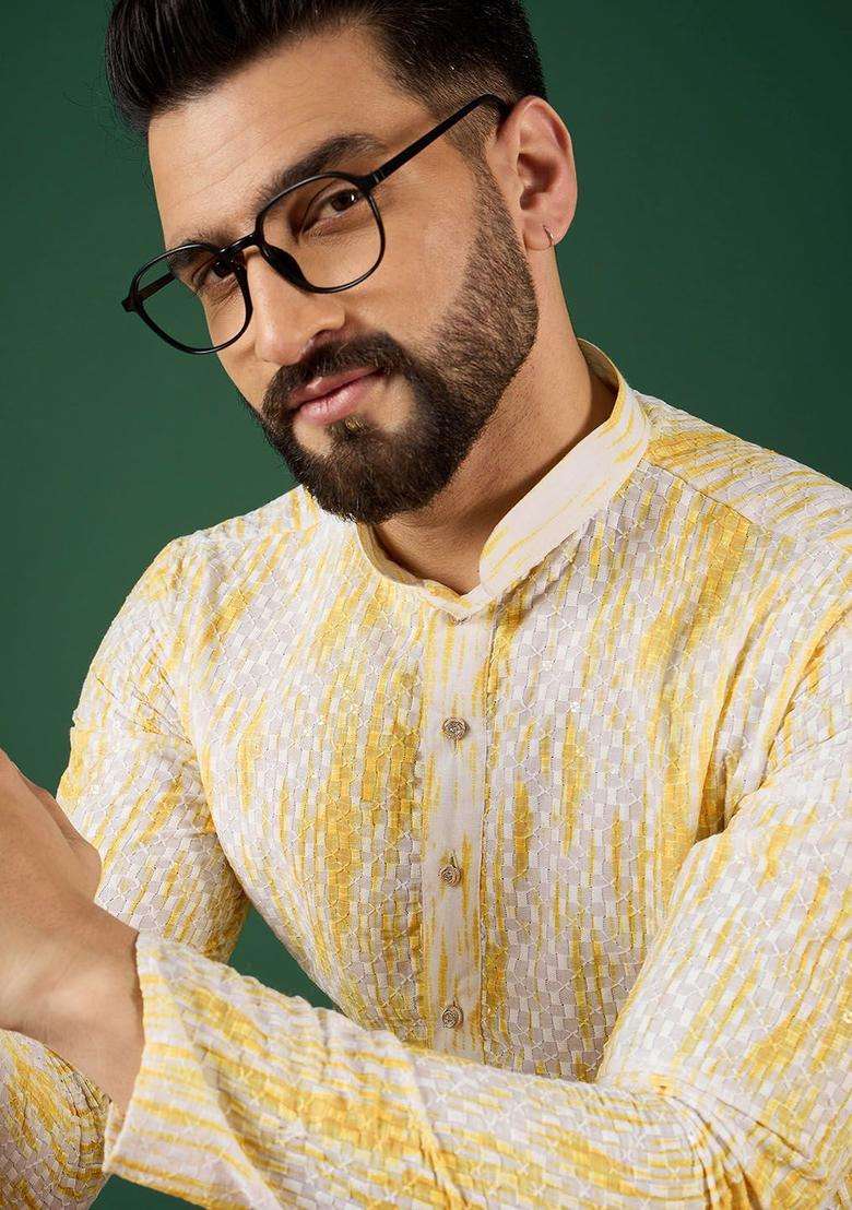 Multi Woven Design Silk Kurta For Men - Indya