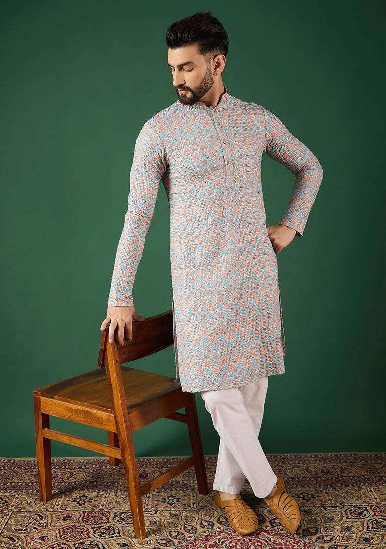 Multi Woven Design Viscose Kurta For Men - Indya