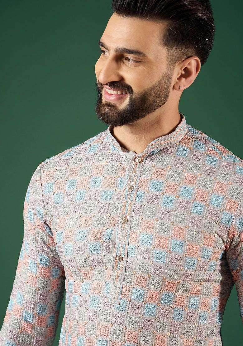 Multi Woven Design Viscose Kurta For Men - Indya