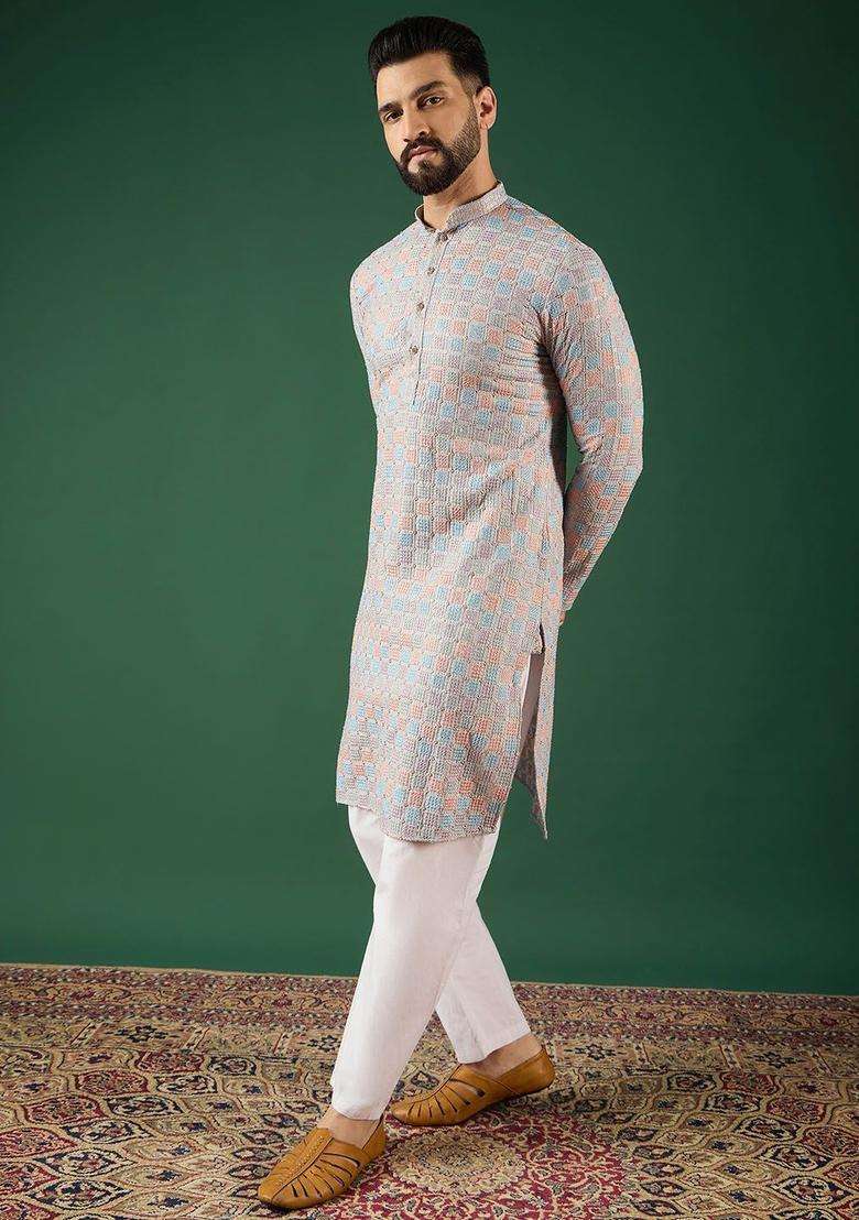 Multi Woven Design Viscose Kurta For Men - Indya
