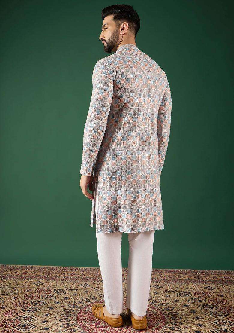 Multi Woven Design Viscose Kurta For Men - Indya
