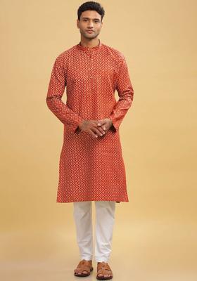 Red Printed Cotton Kurta For Men