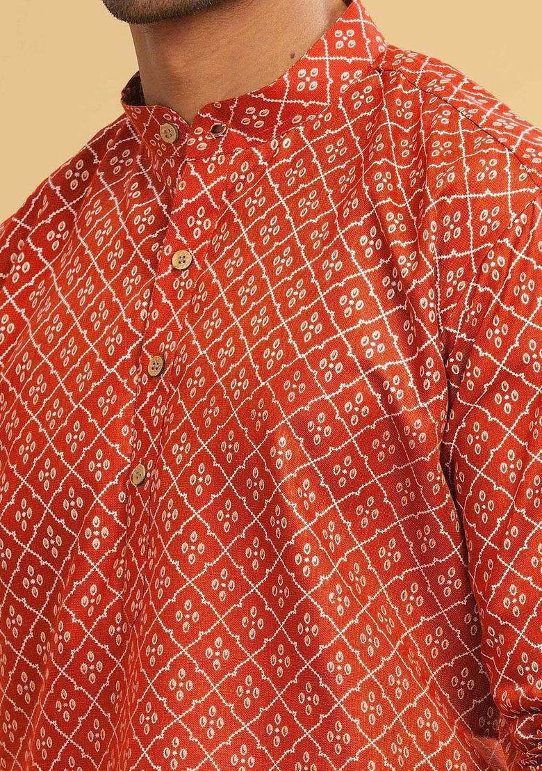 Red Printed Cotton Kurta For Men - Indya