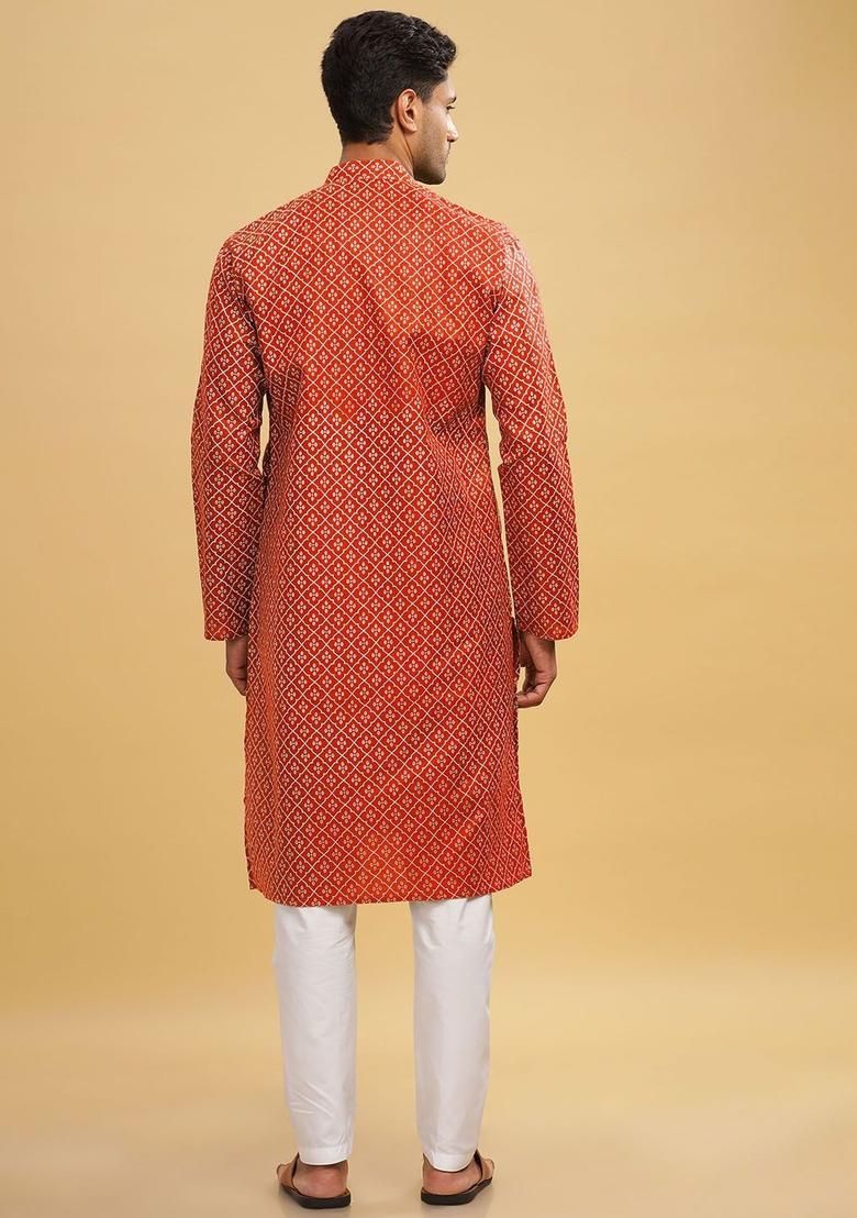 Red Printed Cotton Kurta For Men - Indya