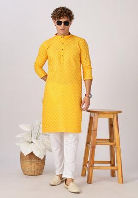 Red Printed Cotton Kurta For Men