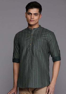 Green Striped Polyester Kurta For Men