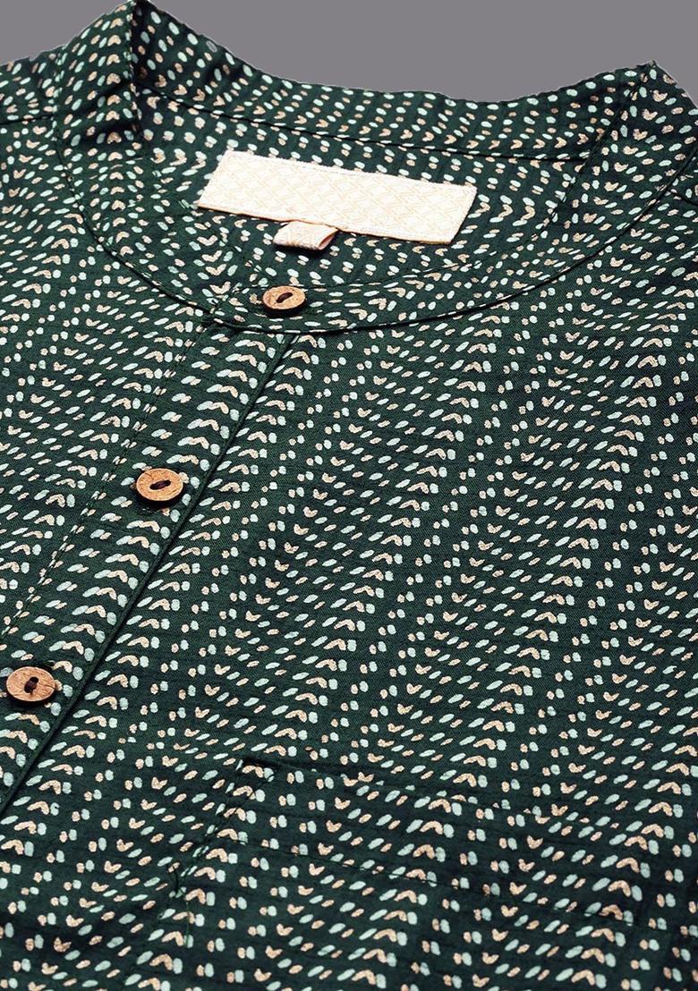 Green Striped Polyester Kurta For Men - Indya