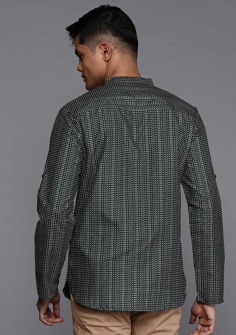 Green Striped Polyester Kurta For Men - Indya