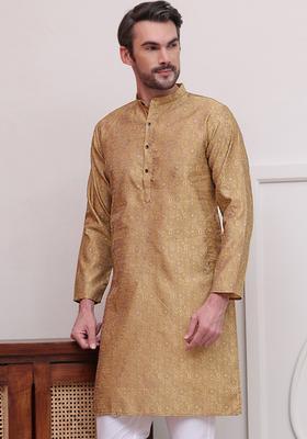 Beige Woven Design Silk Blend Kurta For Men