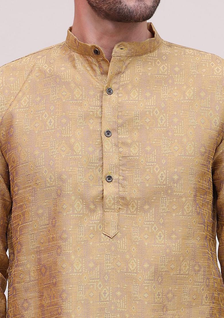 Beige Woven Design Silk Kurta For Men - Indya