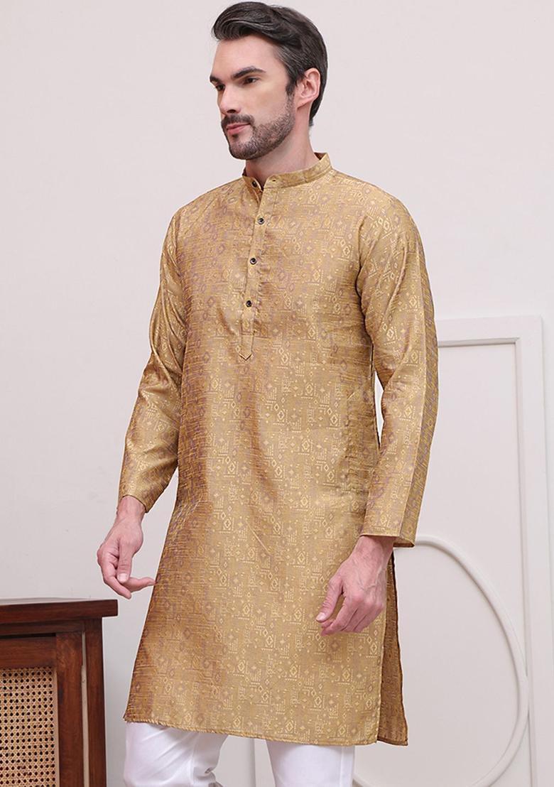 Beige Woven Design Silk Kurta For Men - Indya