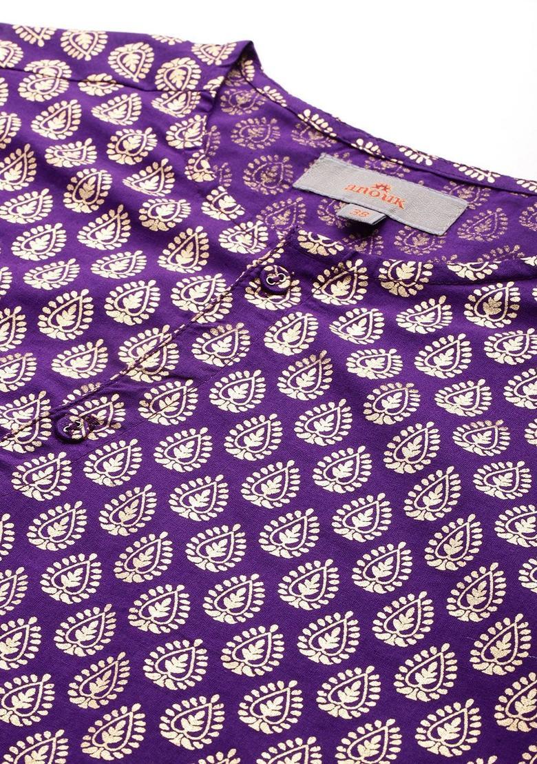 Purple Printed Cotton Kurta For Men - Indya