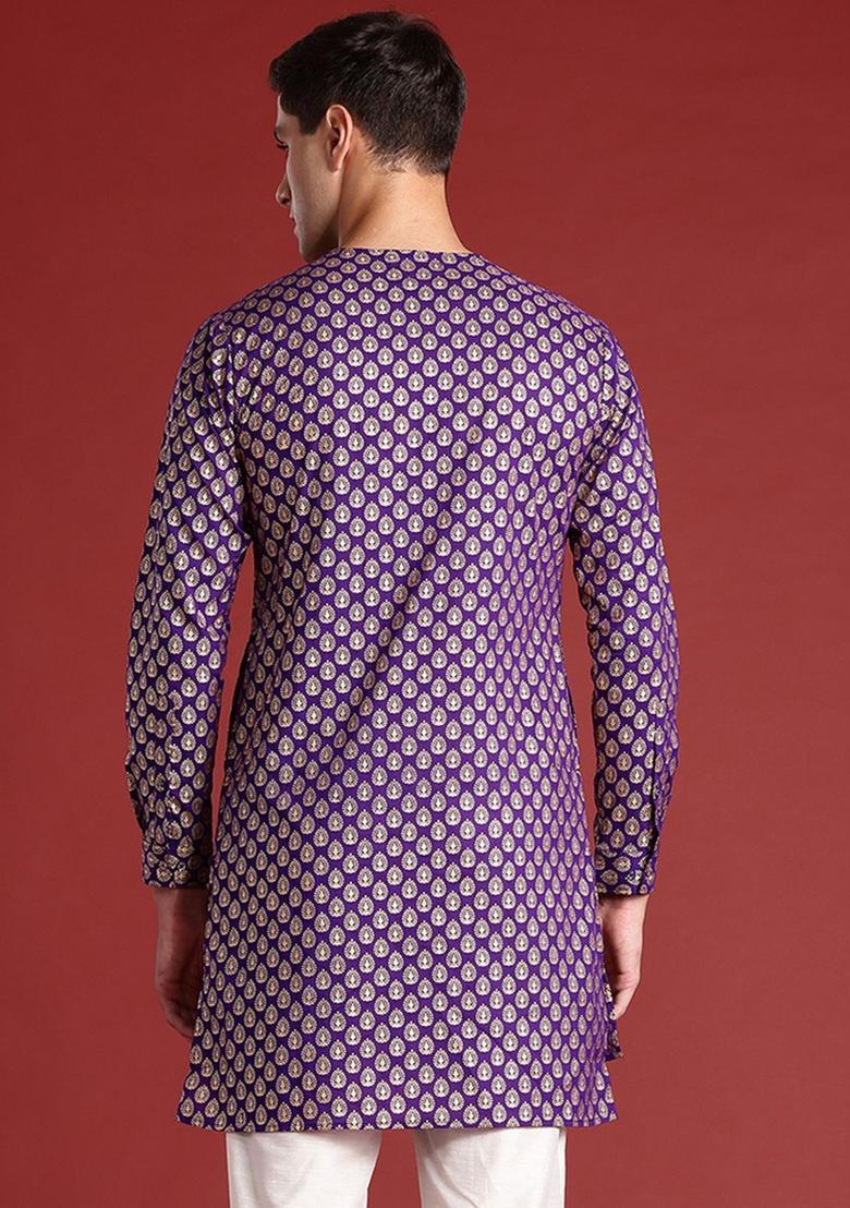 Purple Printed Cotton Kurta For Men - Indya