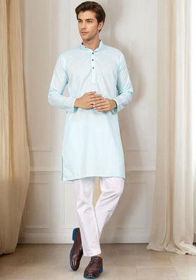 Blue Solid Polyester Kurta For Men