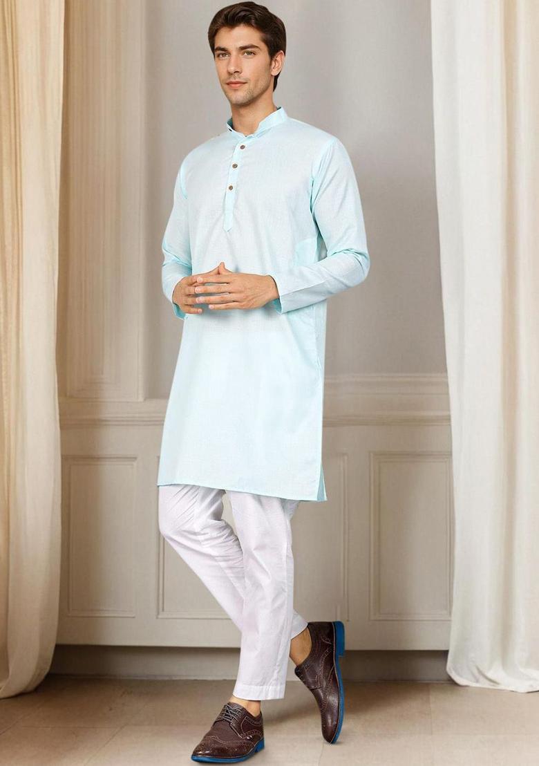 Blue Solid Polyester Kurta For Men - Indya