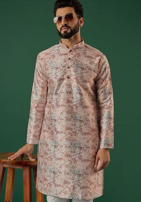 Peach Printed Silk Blend Kurta For Men