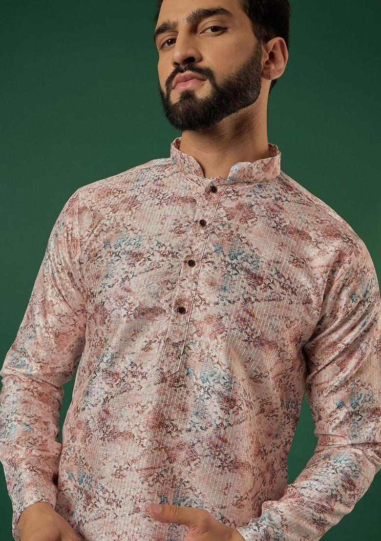 Peach Printed Silk Kurta For Men - Indya