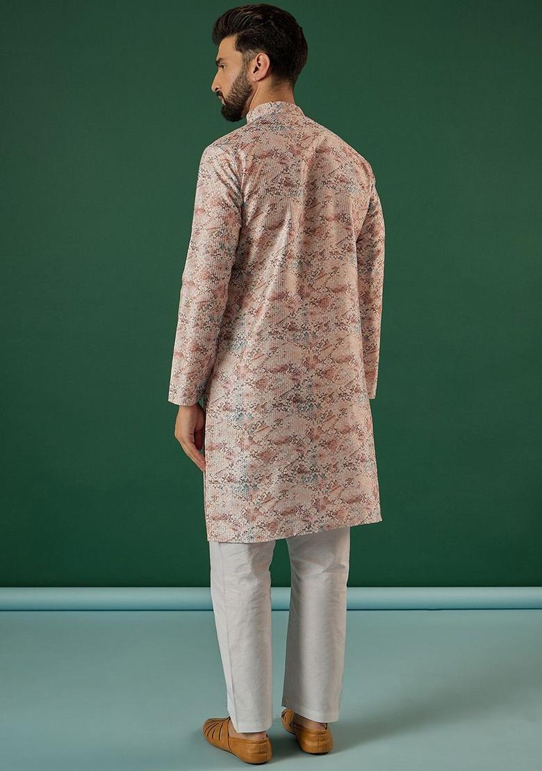 Peach Printed Silk Kurta For Men - Indya