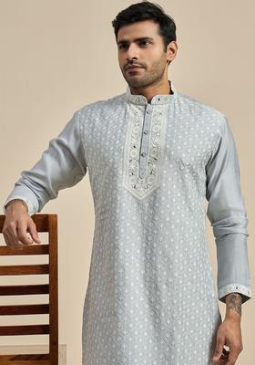 Grey Embroidered Viscose Kurta For Men