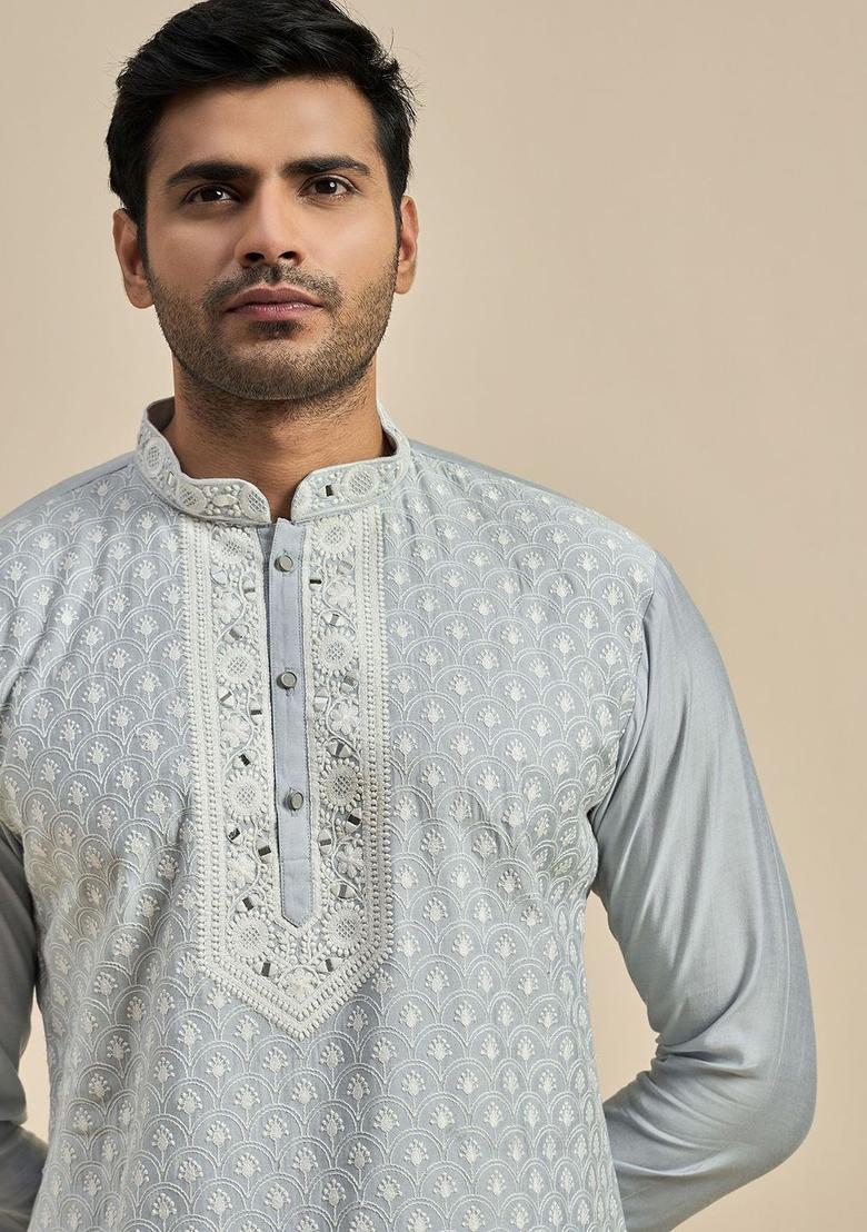 Grey Embroidered Viscose Kurta For Men - Indya