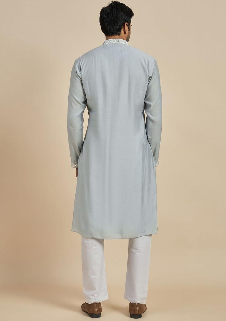 Grey Embroidered Viscose Kurta For Men - Indya