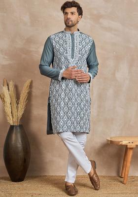 Grey Embroidered Viscose Kurta For Men
