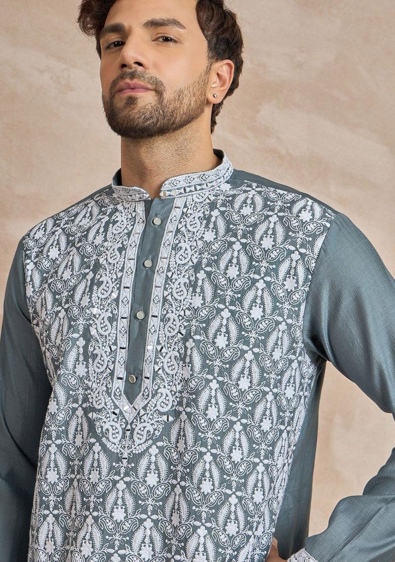 Grey Embroidered Viscose Kurta For Men - Indya