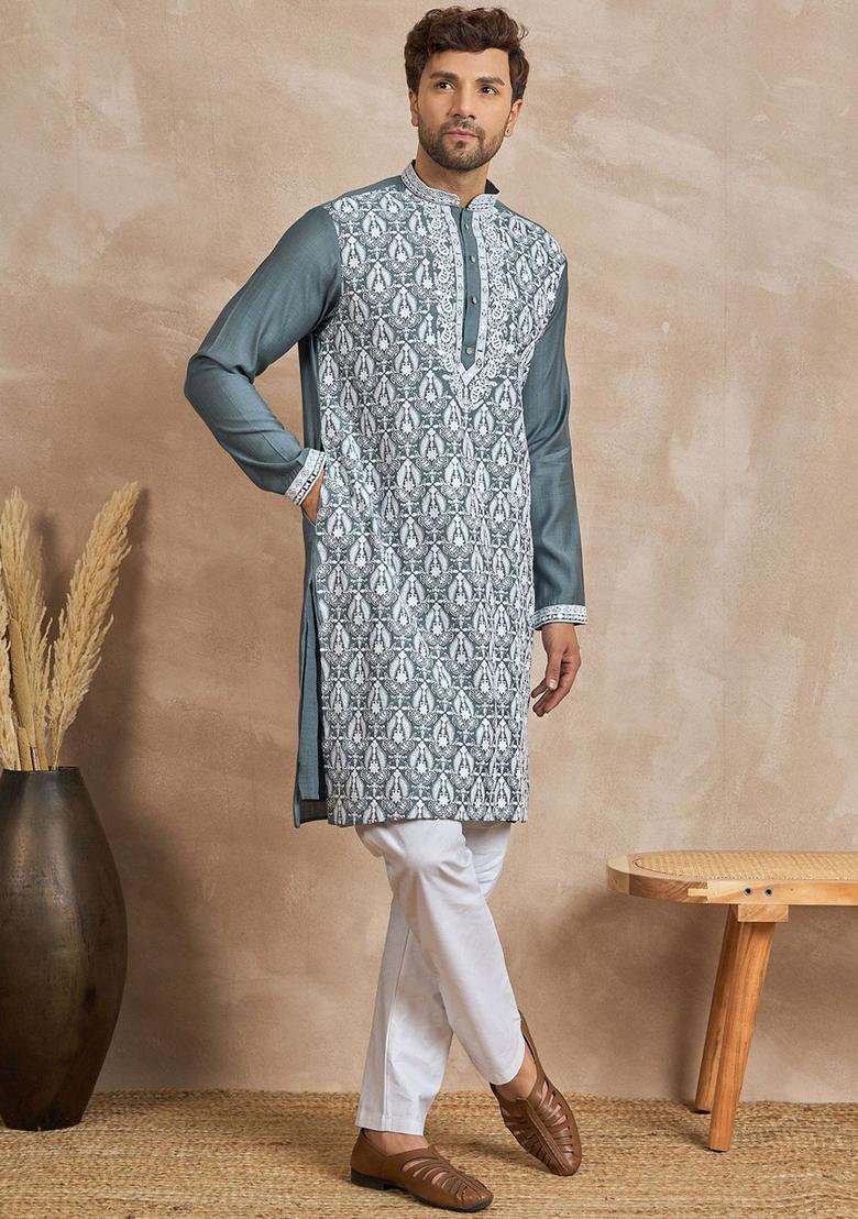 Grey Embroidered Viscose Kurta For Men - Indya