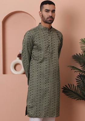 Black Printed Silk Kurta For Men