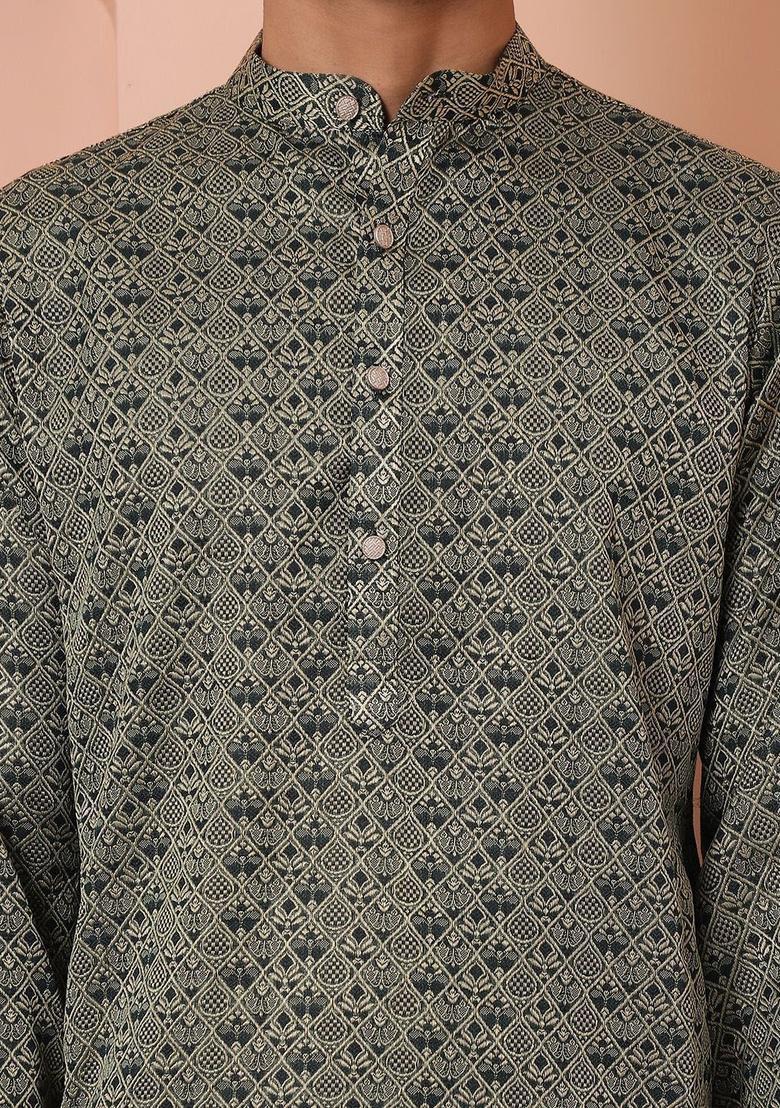 Black Printed Silk Kurta For Men - Indya