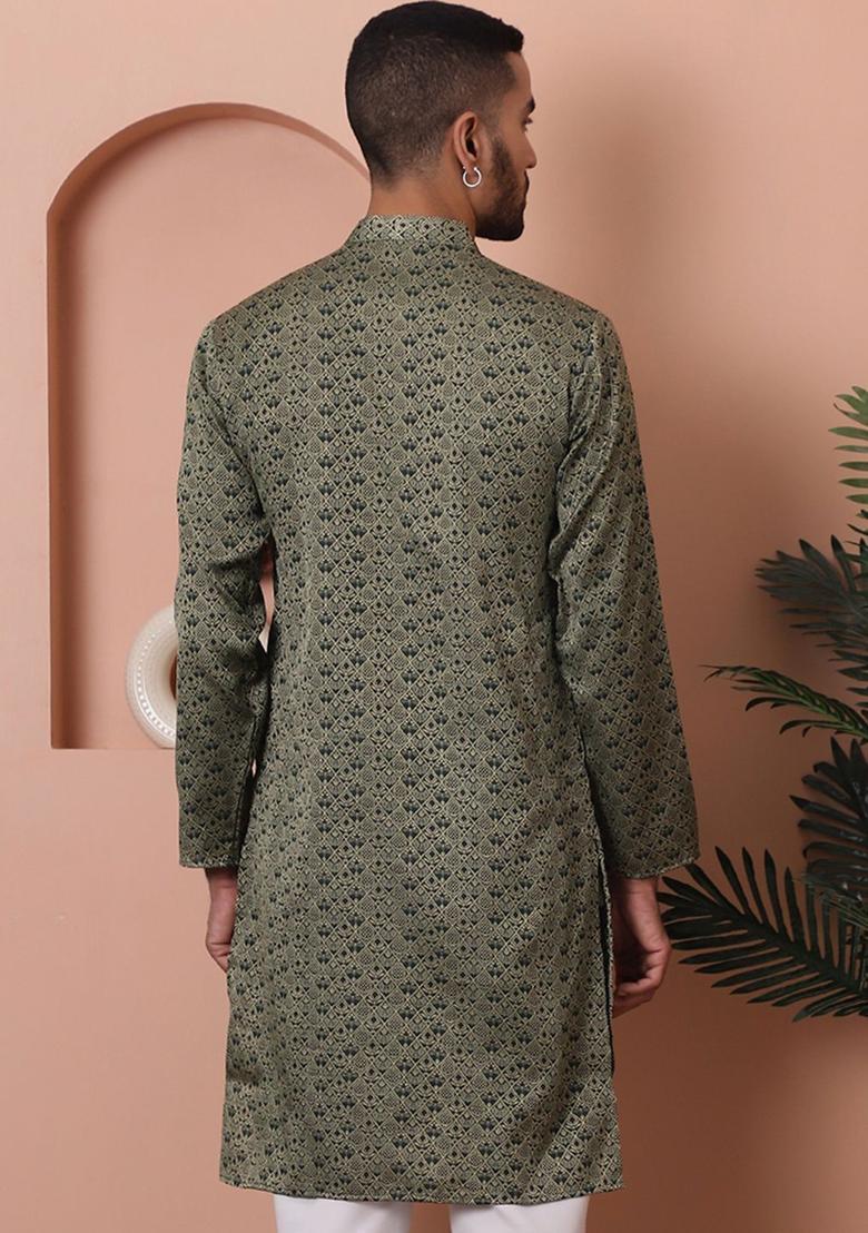 Black Printed Silk Kurta For Men - Indya