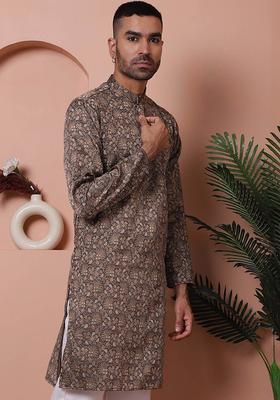 Black Printed Silk Kurta For Men