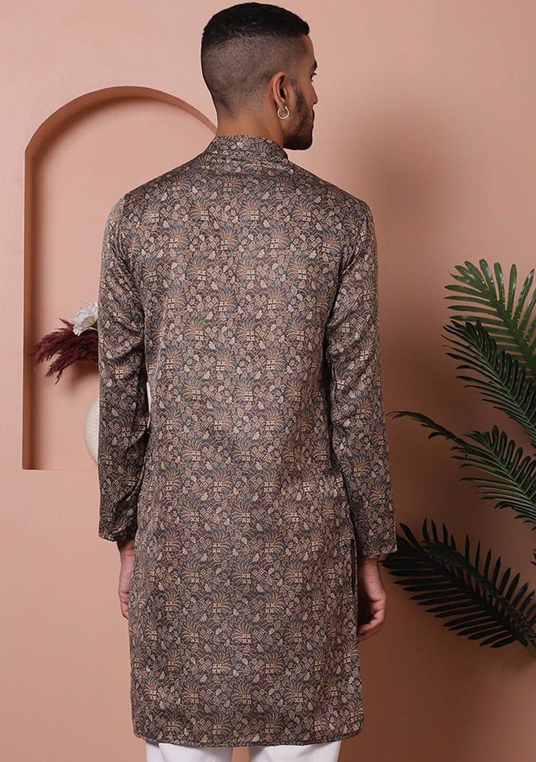 Black Printed Silk Kurta For Men - Indya