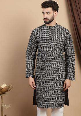 Black Printed Blended Kurta For Men