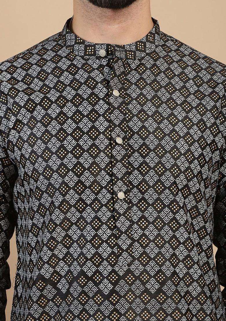 Black Printed Blended Kurta For Men - Indya