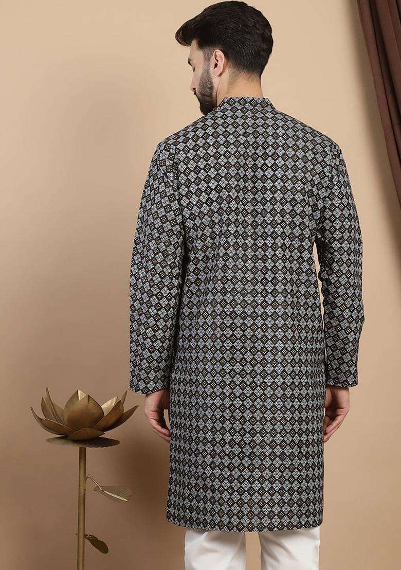 Black Printed Blended Kurta For Men - Indya