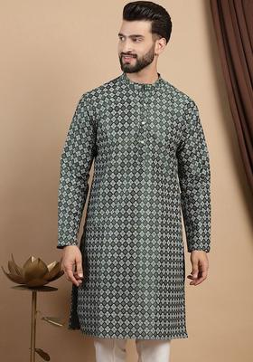 Green Printed Blended Kurta For Men