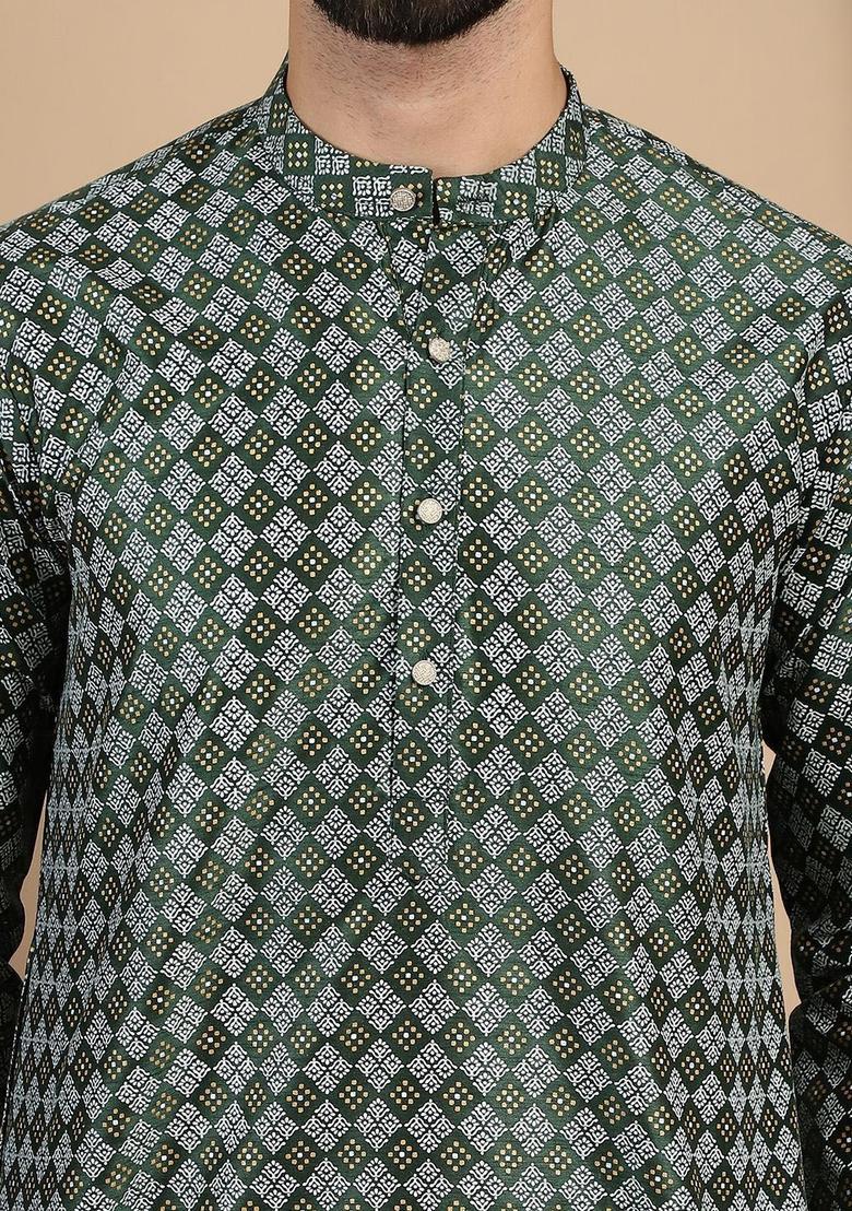Green Printed Blended Kurta For Men - Indya