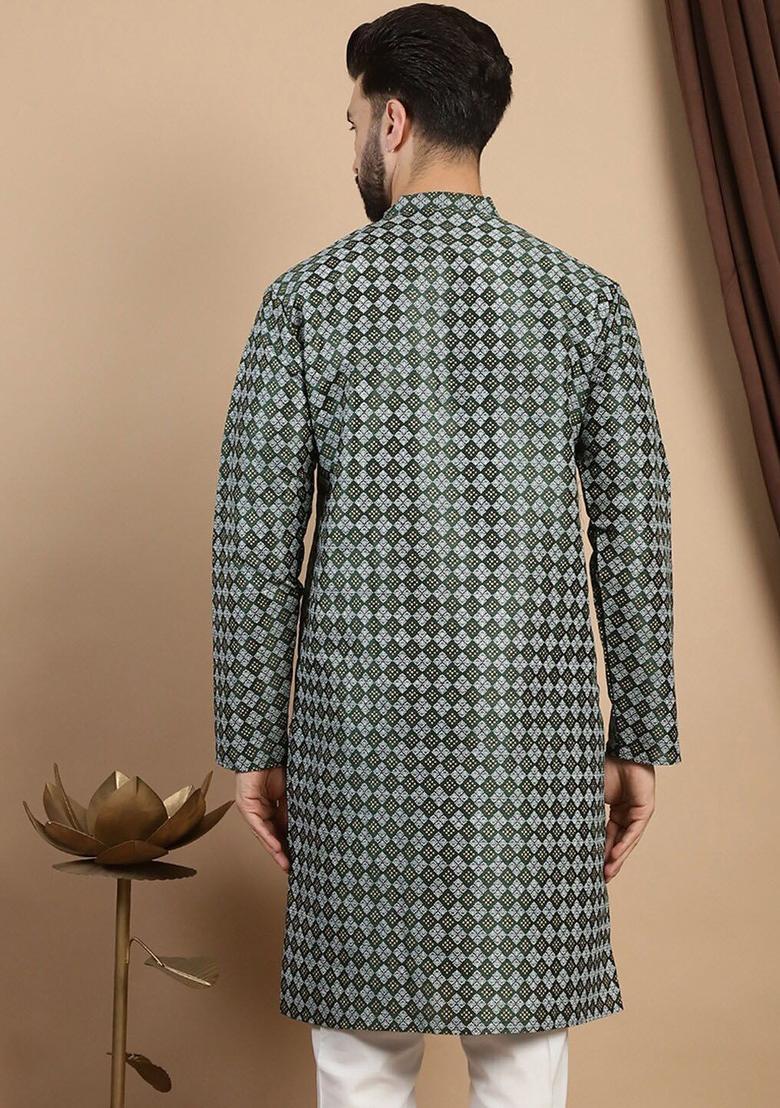 Green Printed Blended Kurta For Men - Indya