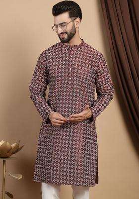 Maroon Woven Design Blended Kurta For Men